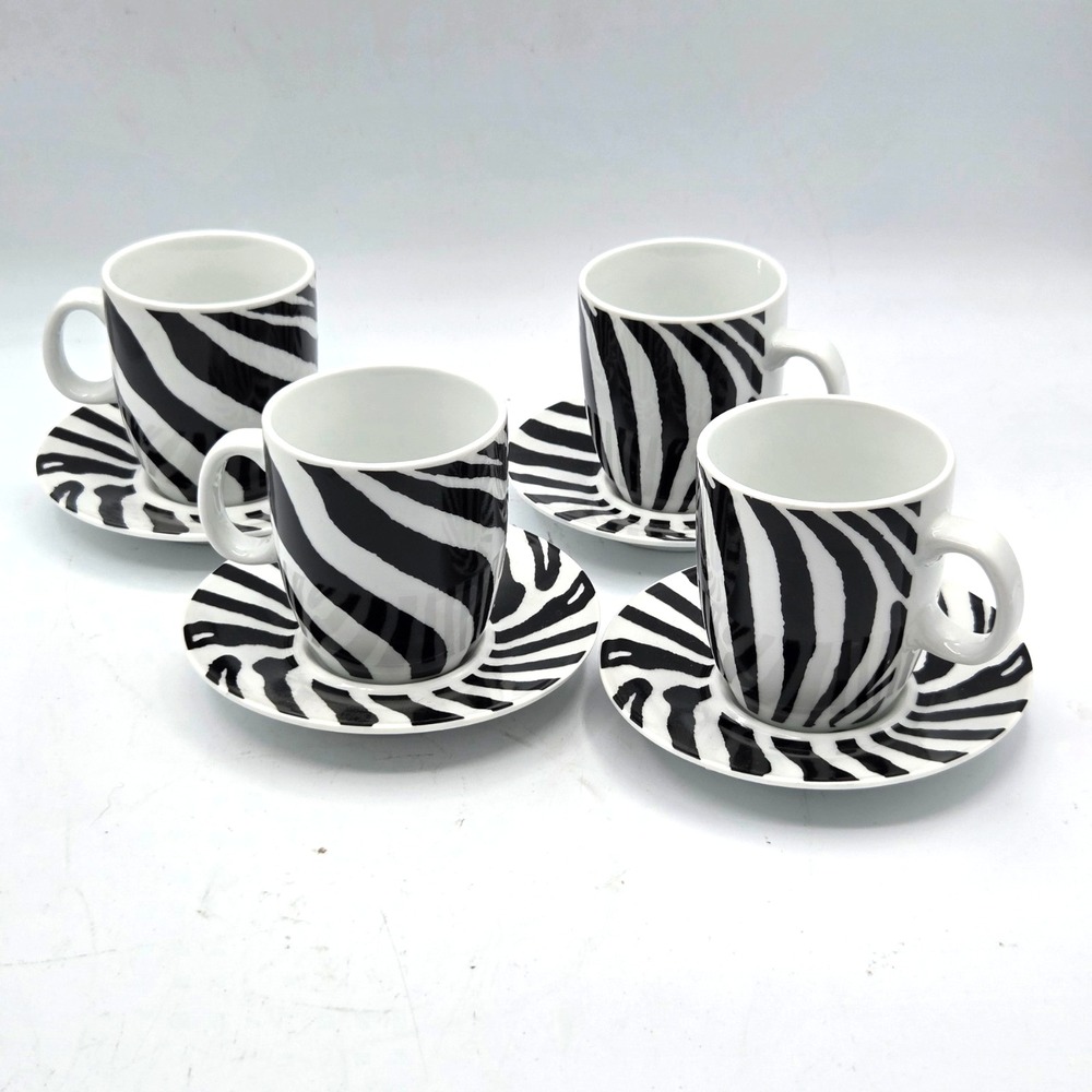 Espresso Cups and Saucers Zebra Pattern Set of 4
